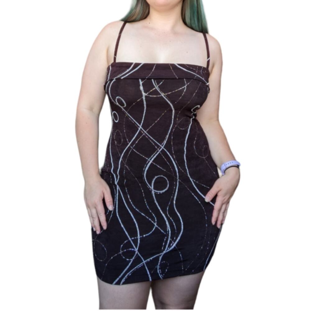 Vintage Y2K Square Neck Glitter Swirl Mini Dress Cocktail Night Out Party Silver